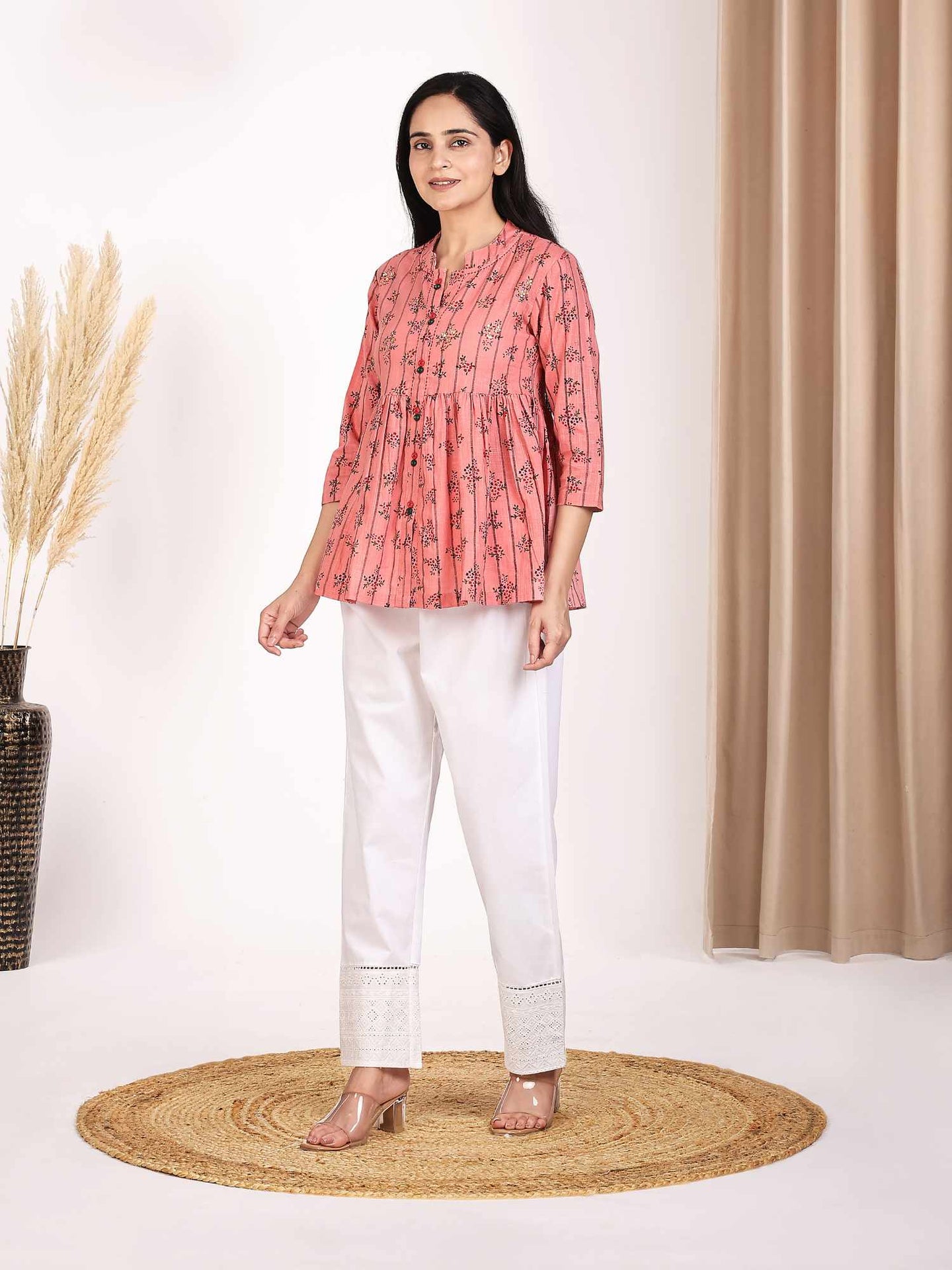 Women's Pink Floral Printed Peplum Top with Embroidery at Yoke Pure Cotton